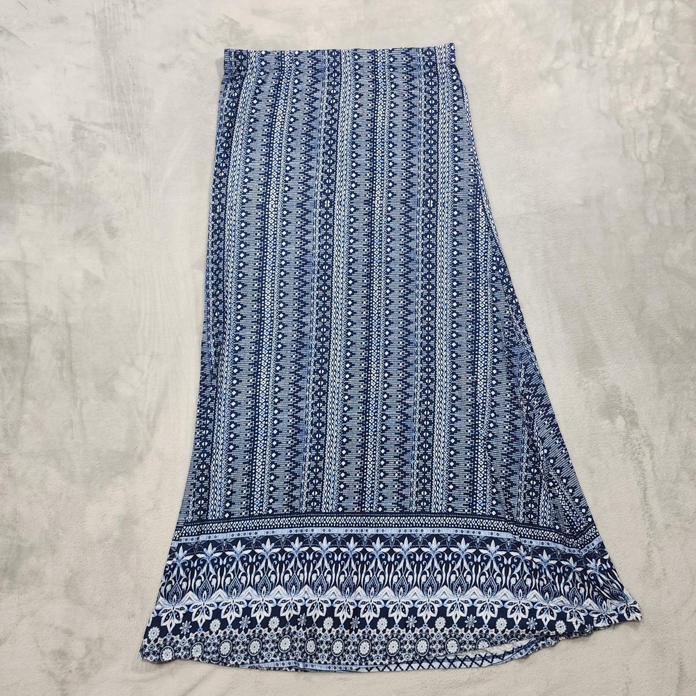 New York Laundry Skirt Womens L Blue White Geometric Maxi Jersey Pull On Stretch